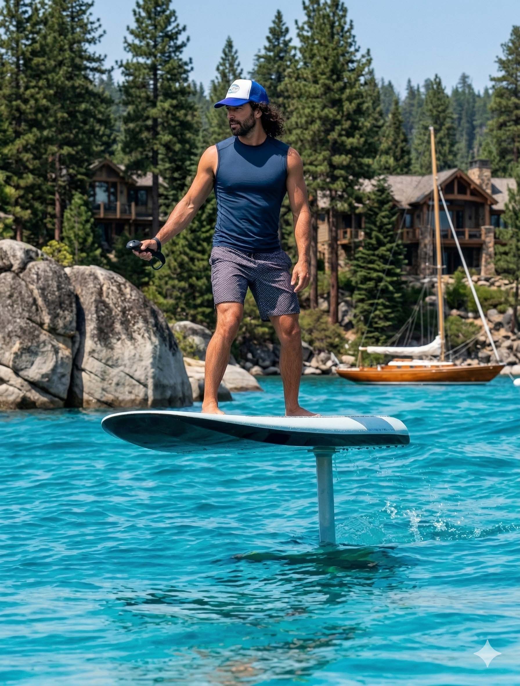 Man riding a hydrofoil surfboard above the ocean
